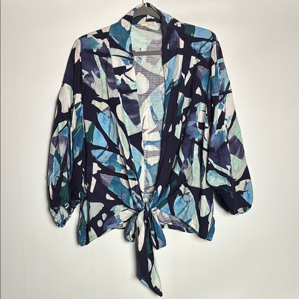 Lovestitch Blue and Green Tie-Front Kimono Style Blouse - 100% Rayon